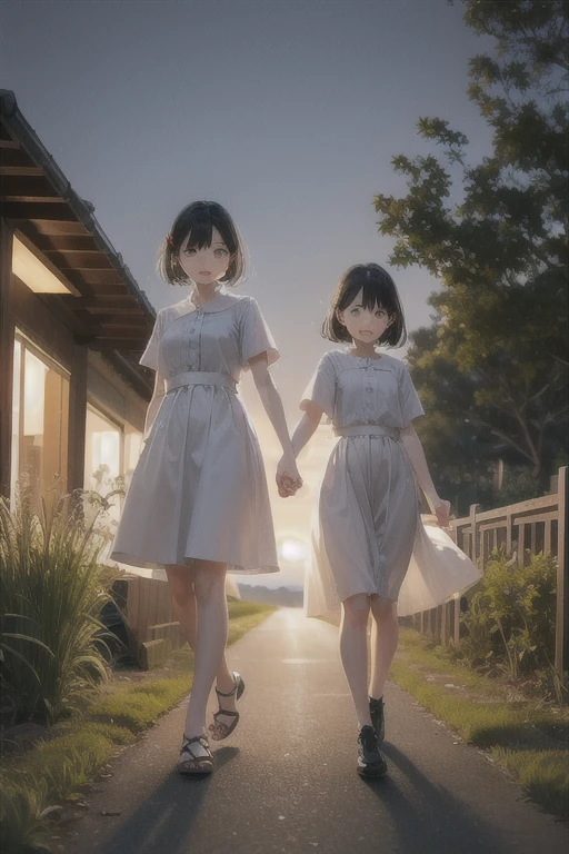  full body depiction、rice field road at dusk、Older sister and younger sister, Sister, My sister is 22 years old, walking hand in hand.
