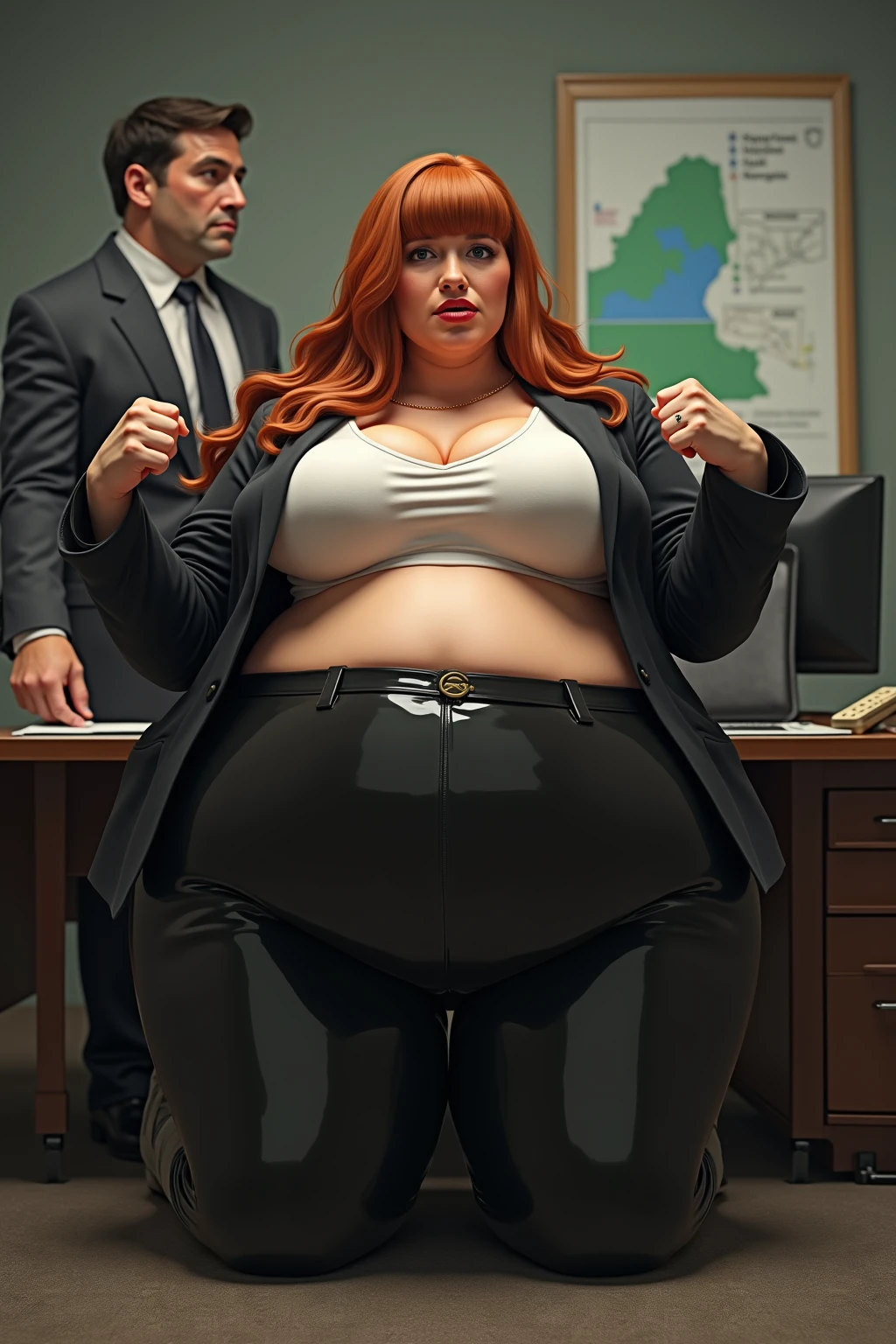 An happy photo of a Beautiful ginger architect BBW, with long wavy light Brownish-ginger hair, with big soft fat belly, thicc fat arms, thicc wide legs, big breast, in black pants, long black shirt tucked in her pants, black belt and black blouse in her new modern architect office with building models and blueprints
