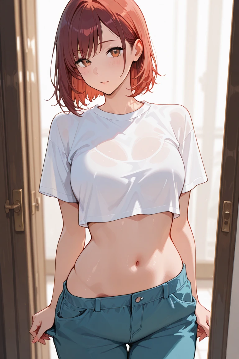 NSFW Highest quality Best image quality 4k ,{Misaka Mikoto} {{shirt lift}}++ Plain pink shirt ((topless))++, Underboob Beautiful nipples Short hair Brown hair, Brown eyes,short hair(Beautiful Abs Denim Shorts , Embarrassed face sit Beautiful beach Wet MCharacter splits