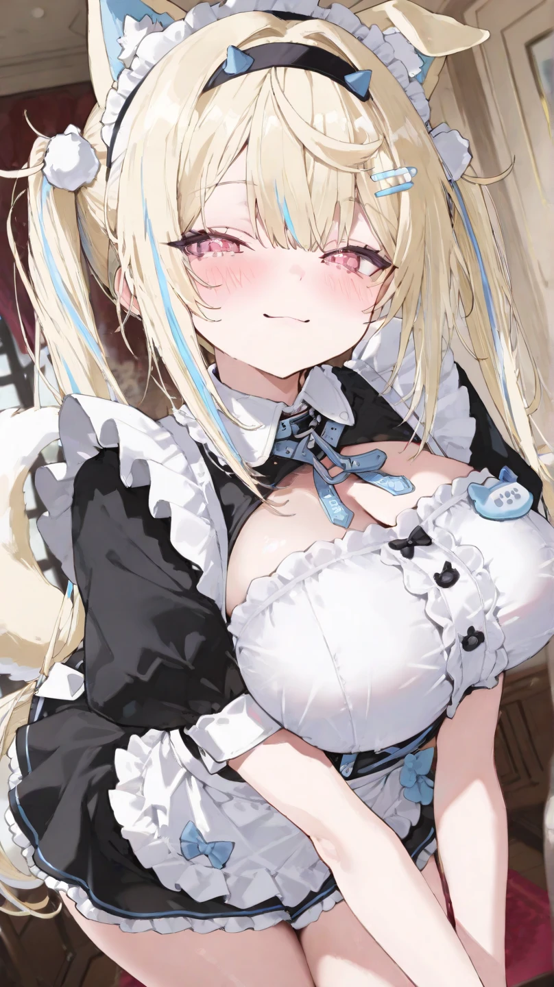 best quality, masterpiece, highres, solo, {maid:1.40}, {long maid dress:1.15}, long_hair, blunt_bangs,sidelocks,blush, breasts, (smile),bukkake,cum on ,used condom,(breast-milk),pussy juice,skirt lift,crotch rub, table humping,pleated skirt, panties, table, wet panties, lace panties,open shirts,nipple,pussy,climax
