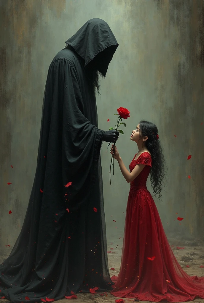 Men with covered face in a proposing position rose in a hand giving it to the 5 year old girl and back ground should be like a war feild and it should be mid night