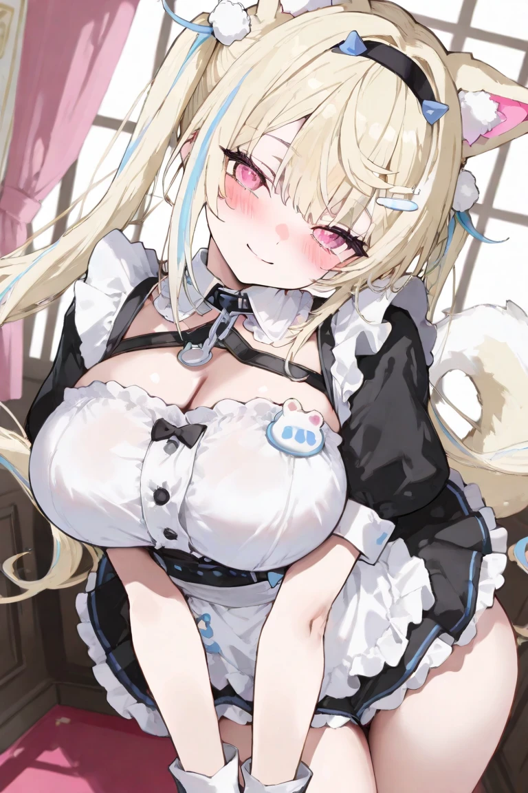 (masterpiece), best quality, 1girl, huge breasts, cleavage, furry girl, rabbit girl, (pale blonde hair:1.2), long hair, (curly hair:1.2), blunt bangs, full bangs, blue eyes, white rabbit ears, animal_ears, (maid lingerie:1.2), (detached sleeves:1.1), (make-up, eyeshadow:1.1), looking at viewer, smile, closed mouth, indoors,