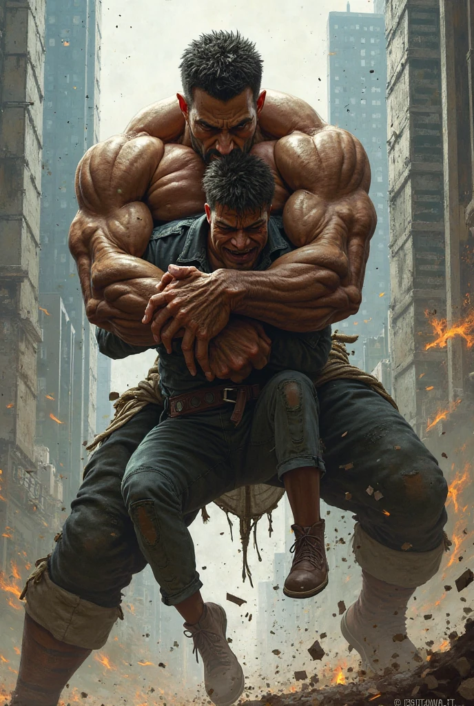 A man being caught by a fat man