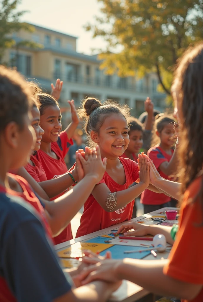 With the same clothes, portray the students so that they are all giving the same greeting