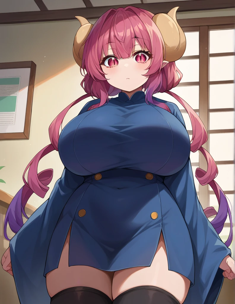 score_9, score_8_up, score_7_up, source_anime, dragonilulu, ilulu, curled horns, horns, long hair, multicolored hair, purple hair, red eyes, red hair, slit pupils, black shirt, long shirt, black thighhighs, collarbone, shirt, short sleeves, thighhighs, wide sleeves, zettai ryouiki, indoors, looking at viewer, cowboy shot, dutch angle, big breasts, cleavage, 