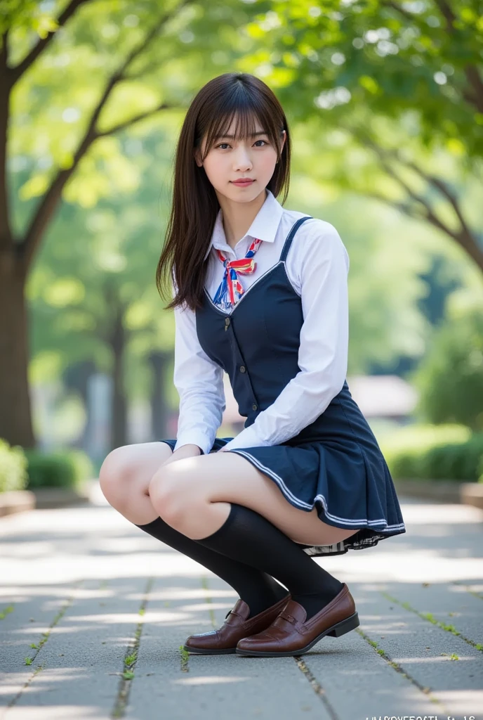 (8K), (highest quality: 1.2), (realistic), (realistic: 1.37), ultra high resolution, (1 girl), cute, smile, closed mouth, beautiful details, beautiful nose, wet hair, giant dulcefo, pork, thighs,Self snap,High school Student Uniform,(A simple navy blue blazer),pleated skirt,(The skirt and tie are gray tartan check pattern....:1.3),(sitting:1), sit on the ground,(hug your feet:1),white pantyhose,from the front,knees、loafers、Low - Angle、Checkered Pleated Skirt、Ponytail 1.2、Knee-high socks、barefoot、((Between the legs、White panties))