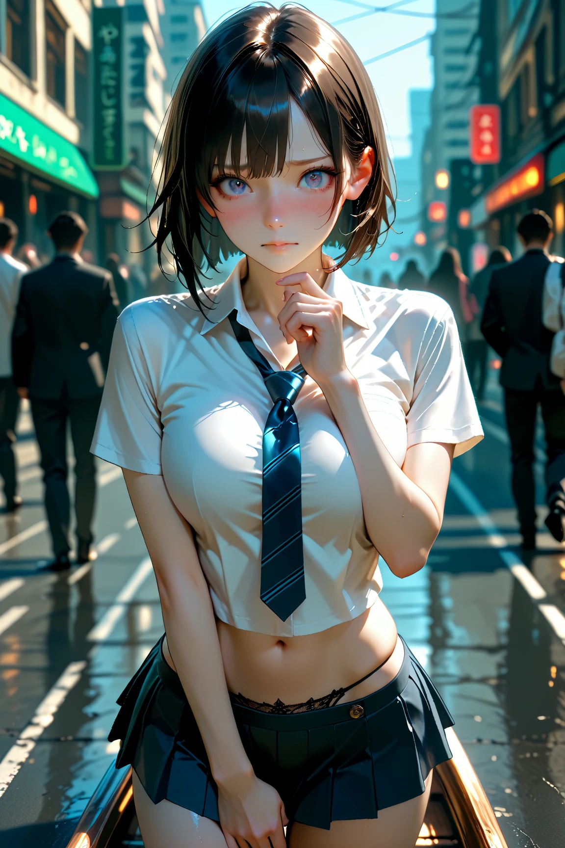 ((high quality, 8k, 4K, High Contrast, masterpiece:1.2, highest quality, Best aesthetics)),cowboy shot,1 female,((beautiful and cute woman,beautiful detailed face and eyes,big gorgeous eyes)),The perfect 25 years old, Japanese、Black Hair、Straight hair,short bob hair,bangs,Anxious expression、oily skin, gleaming skin,(medium breasts,small face:1.4,slender body,skinny),((Wet with rain、Wet clothes)),Black suit、Black tie、Tight mini skirt、barefoot,Black pumps、standing,Heavy rain、on street,Tokyo,at night、(Textures and environments、Professional photos、Perfect lighting).