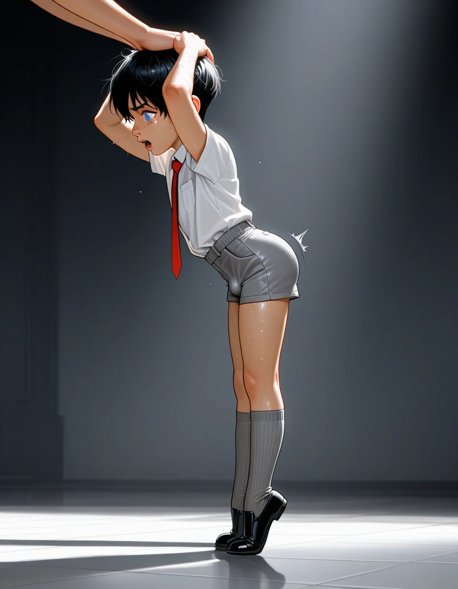 8K Ultra Clear,tmasterpiece,HighestQuali,A 16-year-old girl hanged in a tie-up,legs are open,half squatting,Erotic jumpsuits,Lace,with short black hair,Loafer shoes,,No collar and no sleeves,leaky belly button,((pussy:1.2)),(a lot of cum),(Extend pussy)