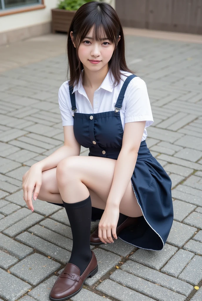 ((Skateboarding Wear、Skateboard Costume、Skateboard Uniforms、Sleeveless shirt、Pleated mini skirt with slit、Knee-high socks))、1 girl、Bob Hair、Brown Hair、Medium breast、smile、masterpiece:1.3、Raw photo、Highest quality、Skateboard Park、Detailed Background、Anatomically correct arms and legs、Anatomically correct fingers、