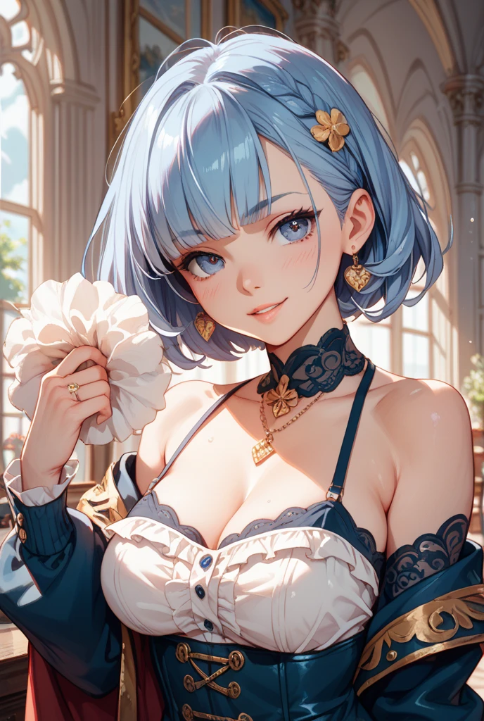 Changed anime characters，A woman sits at a table，a blue dress，Princess style，Delicatemakeup，C cup，ultra - detailed，Wallpapers
