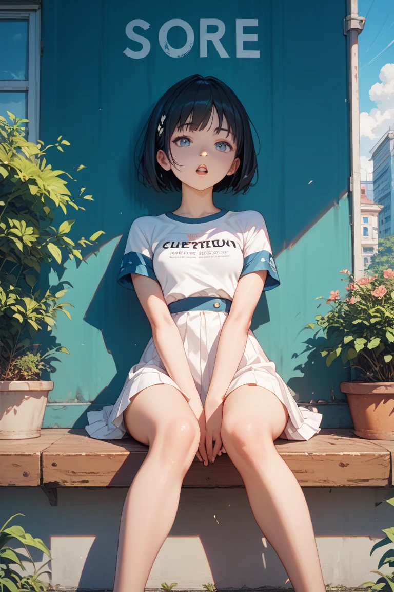 (masterpiece,Highest Quality),(child),((Long White T-Shirt,Thin dress)),(A dark-haired,Medium bob),Turquoise eyes,sleepy expression,Delicate body