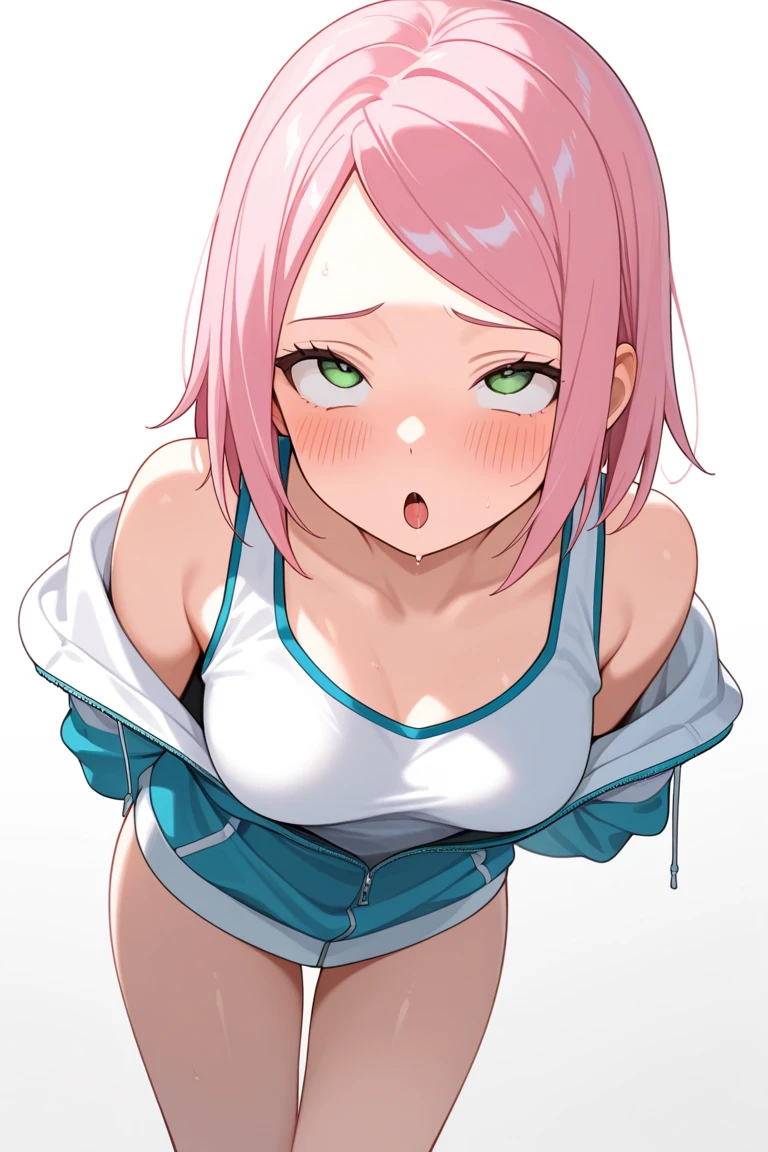 (8K, top-quality, masterpiece:1.2), (reallistic, Photorealsitic:1.37), Super Detail, One girl,), (Highly detailed), (beautifully detailed eyes), (of the highest quality), (super detailed ), (masterpiece), (Detailed face),20yr old, ,1 girl, ((pink hair,long hair)), medium breasts, clothed, Perfect Lighting, BREAK (blue buruma:1.5), (sports bra, fuchsia:1.4), (white quarter socks:1.2), BRAKE (upperbody to thigh:1.3), (smile:1.2), (looking at viewer:1.1), (white background:1.1), BRAKE (sweat:1.5), (steam:1.2), (masturbation:1.2), (girl trembling with sexual climax:1.1), (looking at viewer:1.3), (open mouth:1.2), (NSFW:1.5), (breasts blowjob:1.2)
