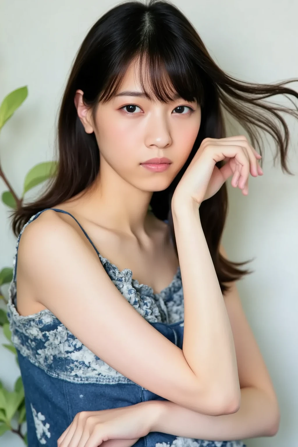 table top, highest quality, 16K, 1 girl, 16, big breasts, Raw photo, professional photography, portrait, soft light, professional lighting, alone, 笑face, close, face, close, cute, girly, goddess, delicate girl, pure beauty, Digital single-lens reflex camera, look away, Frank, Sophisticated, film grain, (目とfaceの詳細:1.0), Long hair swaying in the wind,messy hair、floating hair、high ponytail bangs, (Tight knitwear、shoulder off、pale light blue)、side、nipple protrusion、(big breasts:1.4)、cute hanging eyes、