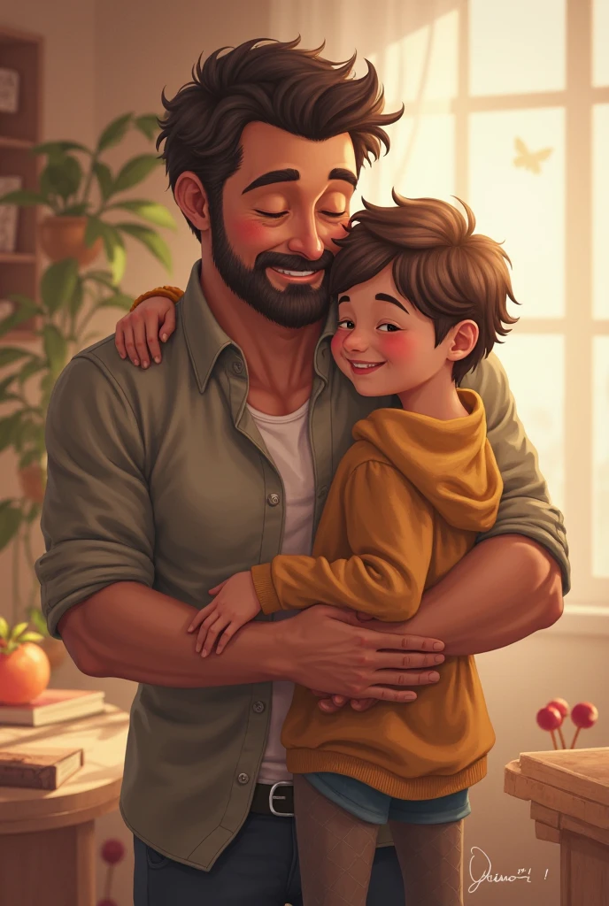 "Create an emotional scene where a father and his young son are embracing each other warmly. The father, dressed in casual clothes, is kneeling down with his arms wrapped around his son, who is about 5-. The son is hugging his father back with a big smile on his face, both of them clearly sharing a deep bond of love and affection. The background is a soft, warm setting, possibly in a cozy living room or a sunlit park, with light filtering through, emphasizing the tenderness of the moment. The atmosphere should feel intimate and heartwarming."