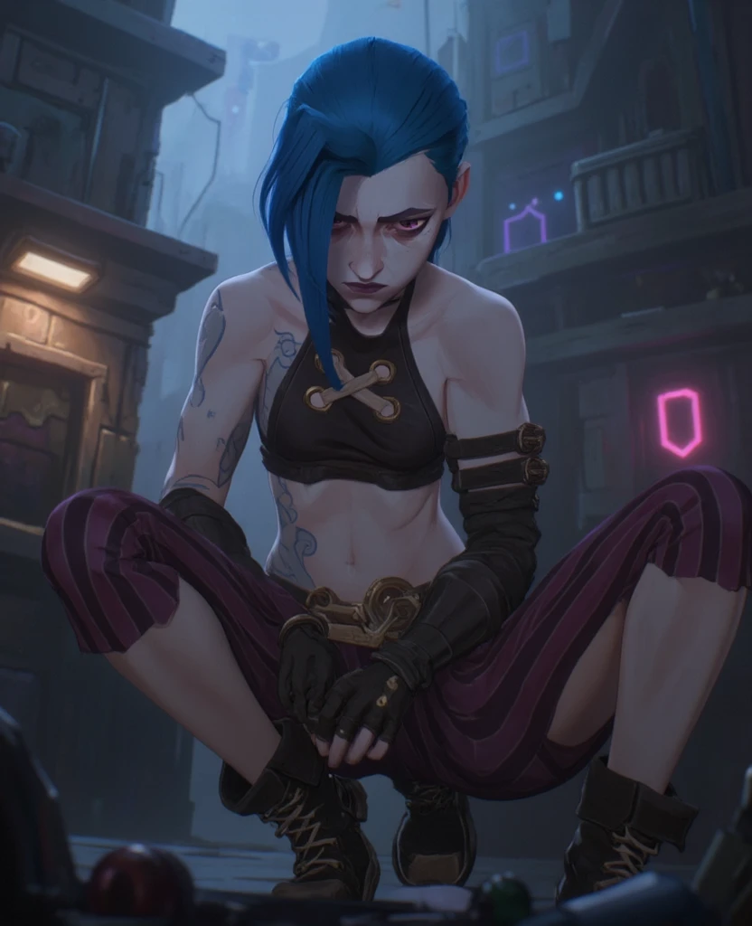 very sexy,  crazy look, длинные синие hair заплетены в косы, full length (full body 1.1.), tight leather pants, Jinx's character design, stands on the edge of the roof, fantasy city, night, explosions, fire, Sparks, Purple Flashes, beautiful figure, Arcane Curse, Bright blue and purple Sparks all around, burning eyes, Pink Shiny eyes, длинные hair, hair, braided in long braids, Pigtails hang below the knee, Hair color changes from bright blue to navy blue., leather boots on the feet, Top with four gold circles on the chest in the middle of the chest., Blue cloud tattoo on shoulders and waist., long bangs, hanging on the right side, чрезвычайно подробные обои CG Unity 8k, detailed light, Cinematic lighting, Chromatic aberration, Sparkling, inexpressive, Epic composition, dark in the background, Chereter Design, very detailed, detailed body, Vibrating, detailed face, sharp focus, Anime art, Vibrating, detailed face, Hugh Details, sharp focus, Detailed eye, Super lovely illustration, best shadow, finely detail, beautiful detailed glow, beautiful detailed, extremely detailed, inexpressive, Epic composition,