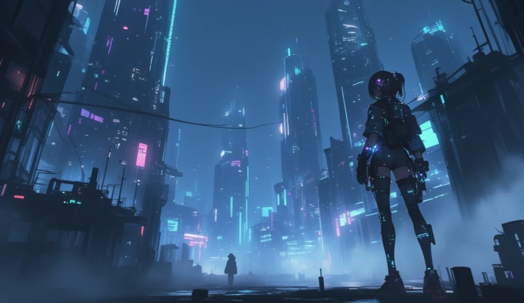 a futuristic city with neon lights and a man standing on top of a building , 1girl, solo, standing, scenery, science fiction, neon lights, hologram, very wide shot