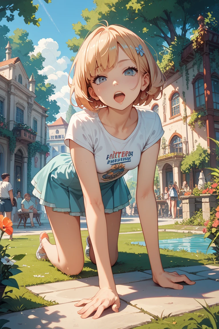 1female，age 5，bit girl，Small ，solo, (Background with：city park，bright park, ）, dynamic angle, ultra detailed, illustration, close-up, straight, only 1 girl, She has blonde hair，（（tmasterpiece），（Very detailed CG unity 8K wallpaper），best qualtiy，cinematic lighting，detailed background，beatiful detailed eyes，Bright pupils，Blue eyes，（Very fine and beautiful），（Beautiful and detailed eye description），ultra - detailed，tmasterpiece，）），A high resolution，ultra - detailed），Flushed complexion，Smile，Desire for dissatisfaction，elementary student，（Wearing：short sundress）, (dress in red color, beauty, vivacious, lovely, slim body, flat torso ) , revealing panties [[delicate fingers and hands:0.55]::0.85],(detail of fingers))), skirt lift, red panties, wet legs, upskirt, 