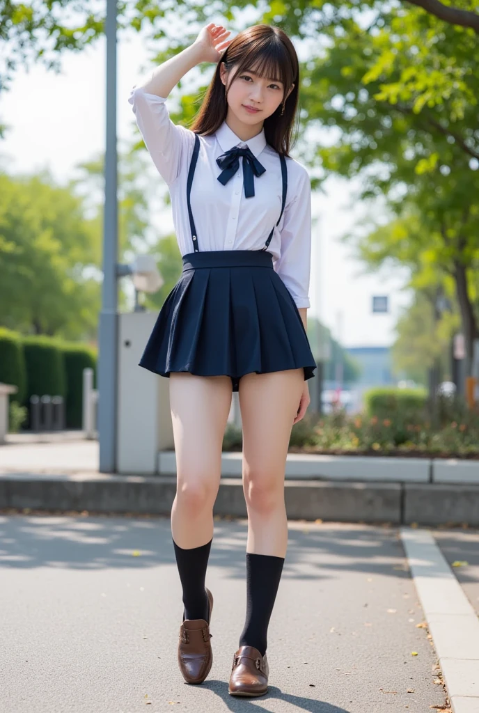 {Highest quality], [Super beautiful], [Ultra fine], [Best illustration], NSFW,Brown Hair, Hime cut, Long Hair, With bangs, girl,high school student,uniform,knit,skirt,smile, blush, Slender women, Adult women,Standing posture,(Public),Night Park,Summer festival,diagonal, Navy blue knee socks,Black Loafers