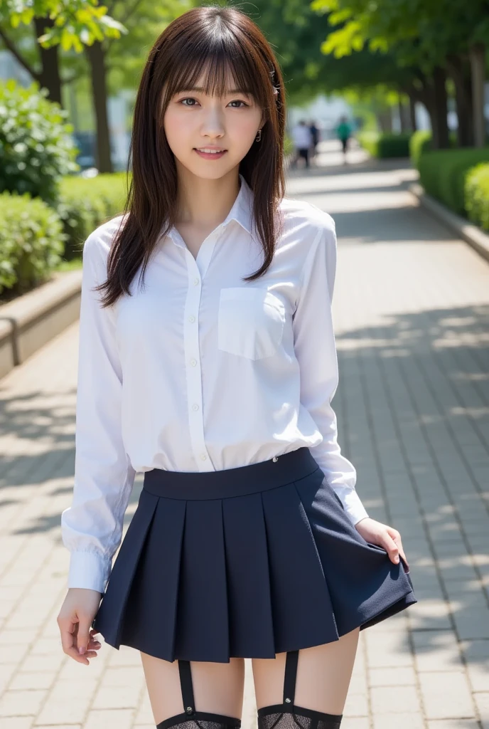 (masterpiece:1.2), Japanese, (18 years old), (((a girl))), (school uniform), collared shirt, pleated skirt, outdoor, plump, summer vacation, sunshine,