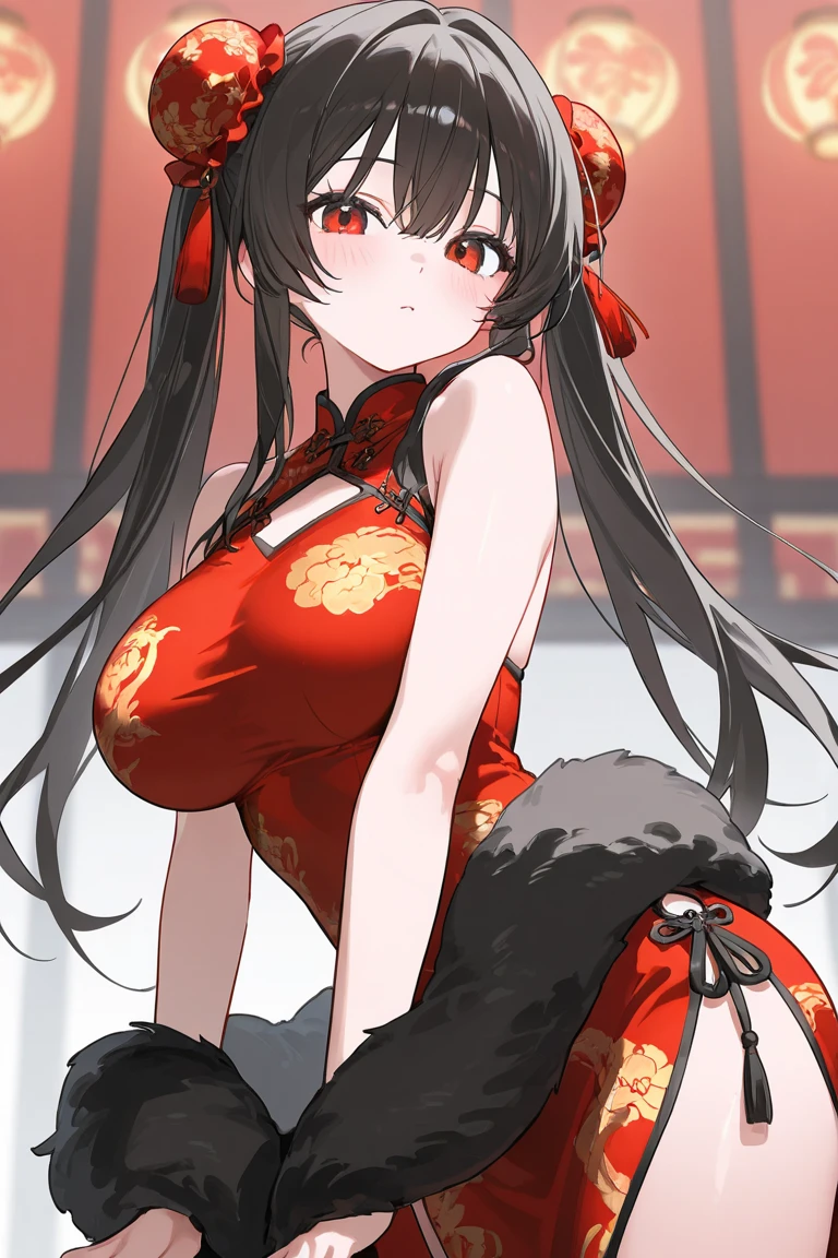 (japanese festival style) (18 yo, straight black hair long hair dominance cool girl, detailed cool red eyes, ecstasy:1.5 smile, big tits), (in a casual one piece dress), break, (in the Hakata Yamakasa), BREAK, perfect anatomy, masterpiece, best quality, 16k, beautiful detailed grow, daydreaming expression.