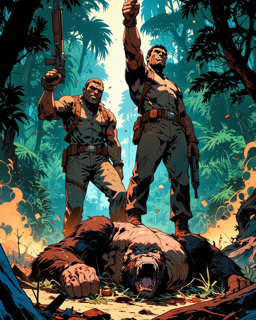 homoerotic, handsome young male soldier, shirtless, hairy chest, stubble and bushy mustache, wearing skimpy superhero costume and domino mask, posing with two attractive shirtless men dressed as the village people, halloween masks and bodypaint, spooky graveyard decor in background, ((costumes for all)), very detailed, realistic, homoerotic, muscular attractive men, (detailed eyes):900, (ambient torch light),(Lively, joyous, spirited), (((detailed beautiful handsome faces))), male focus, Best quality, hdr, bokeh, vibrant colors, masterpiece, homoerotic, large bulge in groin, commission for high res, greg hildebrandt and mark brooks, beautiful muscular men, line art by harry bush and J. C. Leyendecker and joe phillips and bob mizer and jim french and hr giger, bara, perfect male specimens