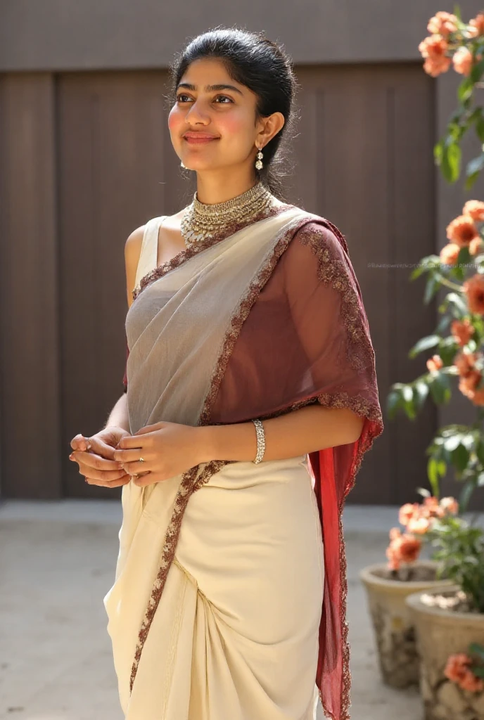 In this stunning photograph, a beautiful tamil lady stands gracefully in the rain, her figure delicately outlined by the falling water droplets. She is draped in a pink saree, which clings to her wet body, highlighting her elegant curves and graceful posture. The saree, made from a lightweight fabric, becomes slightly translucent when wet, adding a sense of allure and sophistication to her appearance.

### Pose and Expression
The lady stands with one hand gently holding the edge of her saree, slightly lifting it off the ground to prevent it from getting too wet. Her other hand is delicately placed on her hip, giving her a poised and confident stance. She looks slightly upwards, her face turned towards the sky, with closed eyes and a serene smile that conveys a sense of joy and . Her wet hair cascades down her back, glistening in the rain, and small droplets of water adorn her eyelashes and cheeks.

### Saree and Accessories
The pink saree is adorned with intricate embroidery and delicate beadwork, which shimmer and sparkle as they catch the light. The fabric, wet from the rain, clings to her body, accentuating her slender waist and the gentle curve of her hips. She wears traditional Indian jewelry, including gold bangles, a delicate necklace, and small, elegant earrings that add a touch of opulence to her look. A small bindi on her forehead completes her traditional yet timelessly beautiful appearance.

She wears a white sandal heels