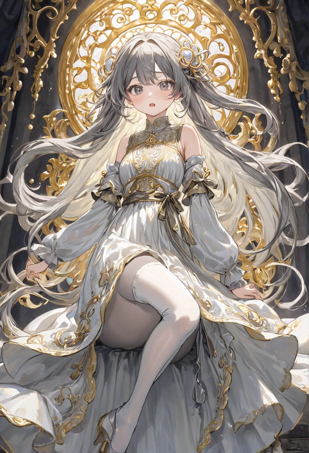 girl, Gold and silver embroidery, White-gray pearl medieval long dress(With panniers), Translucent fabric, Pull up the dress by hand, Strong winds, Translucent slip, Grey translucent tights, Peeking from below, Highest quality, Disorder of clothing, sit,Crotch close-up, whole body, Spread your legs,orgasm,blush, Sweat,White panties、Squat、Look at this、skirt、、Attacked by tentacles、Tentacles wrap around my legs、Tentacles in the crotch、Captured by tentacles、cry、shout、Ecstasy face、skirtの中の触手、Do not run away、Lying down、Torn clothes、skirtの下からスパッツが見えます、Spread your legs、Disheveled clothing、skirtをめくった、