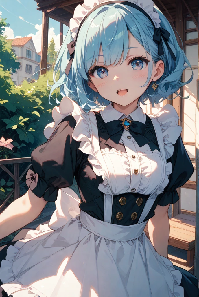 (masterpiece:1.3), (best quality:1.3), high resolution, 


couboy shot, 
leaning forward, body facing forward, 

(one cute girl:1.3), solo, 
white skin, small , eight-headed person, 
light blue hair, (bobbed hair:1.2), (short hair:1.2), (blunt bangs:1.2), beautiful hair, blue eyes, beautiful detailed eyes, 

blush, open mouth, heart, cheerful smile, 

maid, cat ears, frill, casino dealer, earrings, 

outdoors, flower garden, natural park, 

shadowlighting,