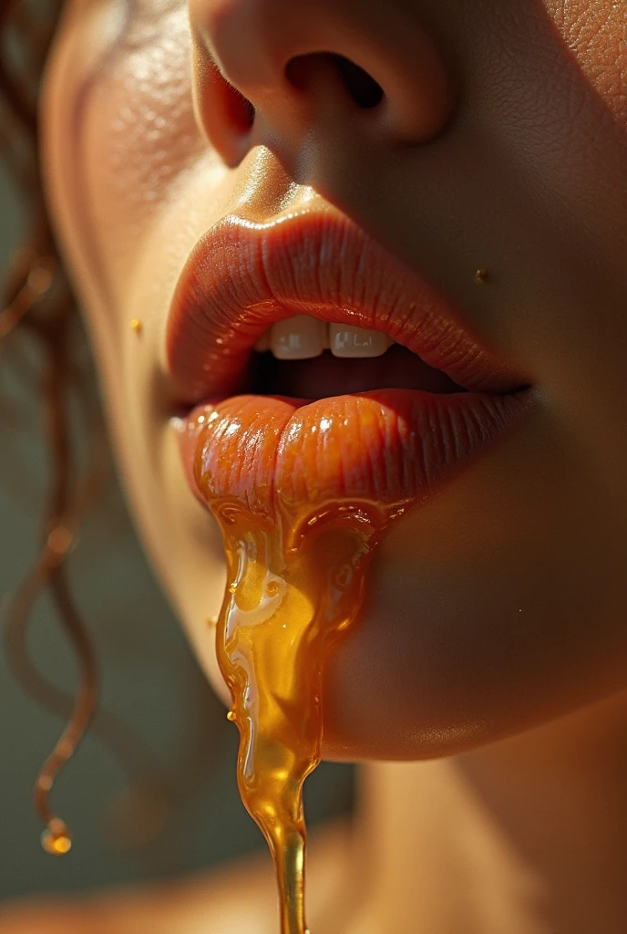 Girl with red lipstick and honey on her lips bring her mouth closer to the camera
