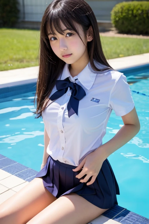 girl standing by the school pool(8k, RAW photo, best quality, masterpiece:1.2), ultra detailed,(realistic), professional photograph, extremely detailed, highly detailed background,Best quality,2 girl ,missionary style hand massage, tits massage job ,cum shot pussy:2.0, penis , full body , Age15, gyaru make,school swimsuit,school uniform, look of disdain、girl standing by the school pool