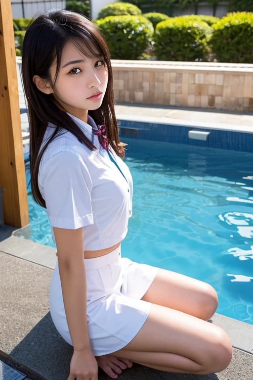 (8K、Live Action、RAW Photos、Highest quality、masterpiece:1.2),(Outdoor,Pool,sunlight:1.2),((Perfect lighting)),(Twin tails),Looking at the audience,Upward glance,Viewed from the front,Sexy pose, return,strong,erotic,18-year-old,student,White skin,knees,Absurd,Small face,前hairを真ん中から分けます、The forehead is visible,(Be embarrassed,Squint your eyes,Glare,strong,skinny,skinny,Irritated)、masterpiece,Highest quality、Ultra-high resolution,One person, One personで,Close-up shot、cute、Return to student,(Japanese School Uniform:1.3),high school girl,Japanese women,Are standing,(フォトGenuine:1.37)、Photon Mapping,Genuineistic、cuteSmall face,Brown eyes、prospect、Written boundary depth、blurred returnground、Genuine,(前hairが見える), hair, kneesが見える, thigh,(Nogizaka idol), actress、Big and ample breasts、Cleavage、Super quality、Low people、(Skin with visible pores:1.2)、(Focus on the face)、Small face、7 Head to Body、Check and fix the skeleton