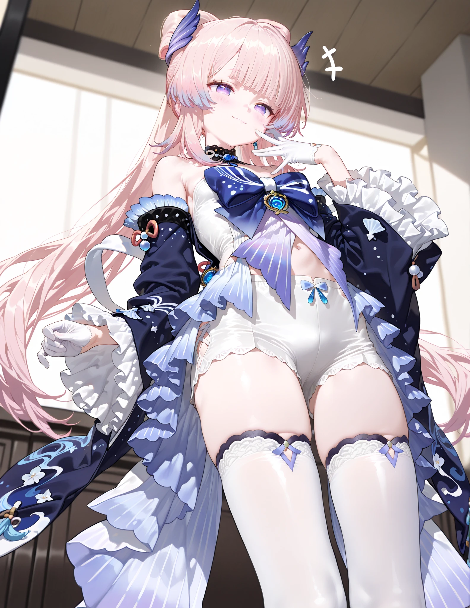 Scarf over mouth，Double angle，Mecha wings behind him（Merge status)，Pink hair on top and blue on bottom，Blue mecha-style clothes，There are drones full of technology on the side，There was an explosion in the distance，With a remote control in his hand。The chest is flat。Pink hair on top and blue on bottom，Blue mecha-style clothes，There are drones full of technology on the side，There was an explosion in the distance，With a remote control in his hand。
