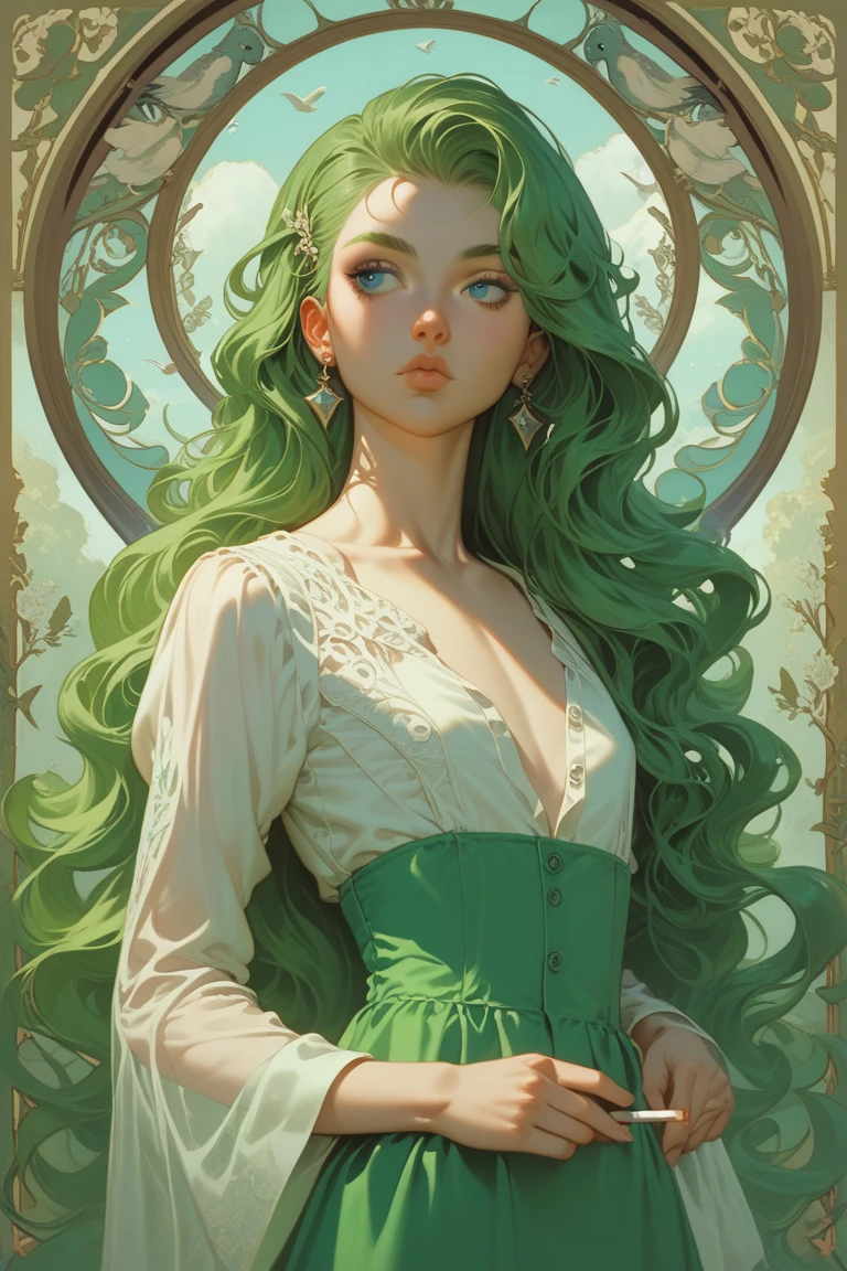 A picture.naked woman in green dress and black hat, Herbert James Gunn, based on the motifs of Henrik Semiradskogo, based on Howard Chandler Christie, elegant lady with alabaster skin, sensual painting, inspired by Pierre Auguste Cot, The Art of Édouard Bisson, в Carlo People, John Currin, Evgeniush Zak
