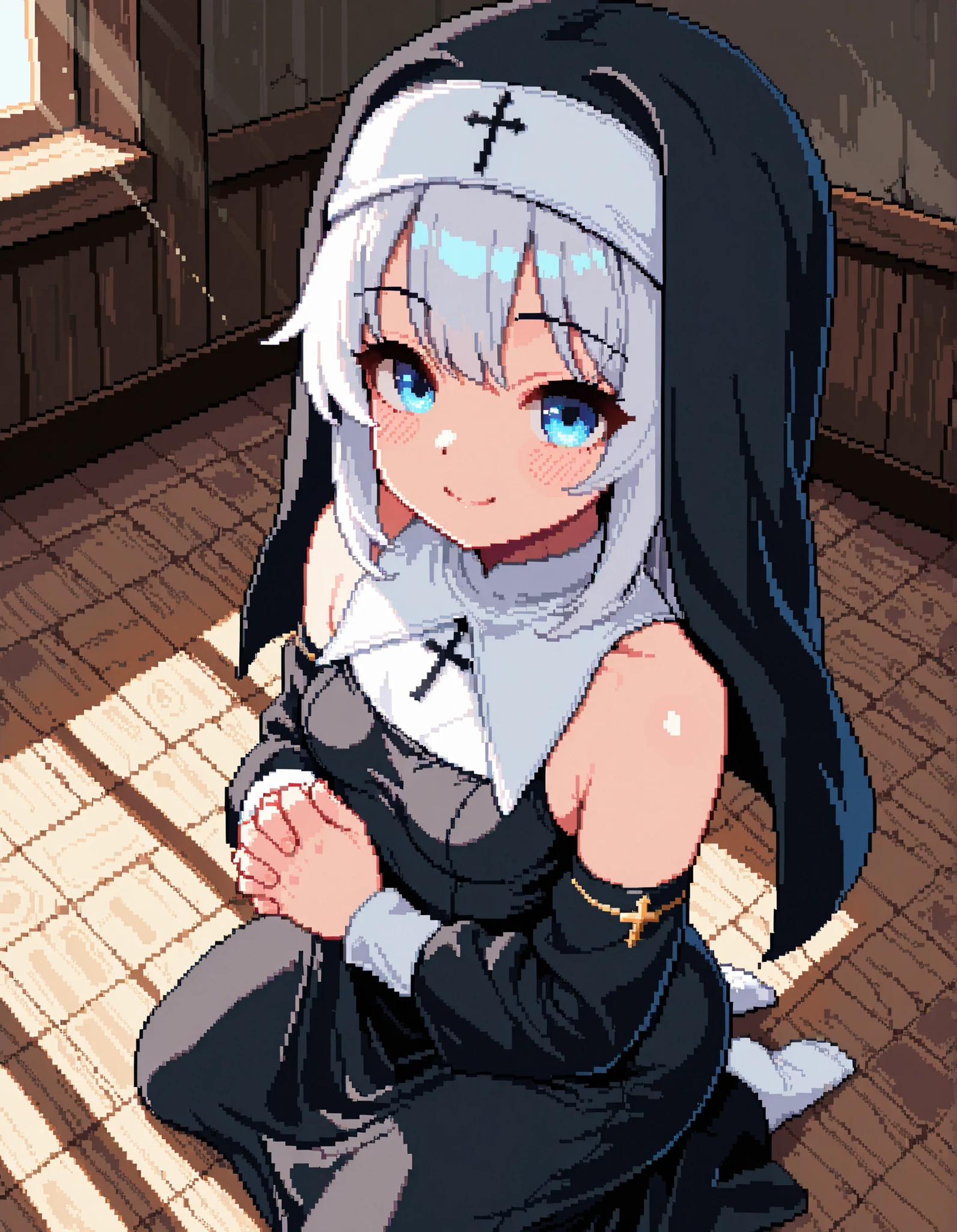 masterpiece, best quality, high resolution, absurdres, 1girl, Pixel_Art, nun, black_dress, bare_shoulders, detached_sleeves, small_breasts, own_hands_clasped, kneeling, smile, sunlight, from_above, 1loli