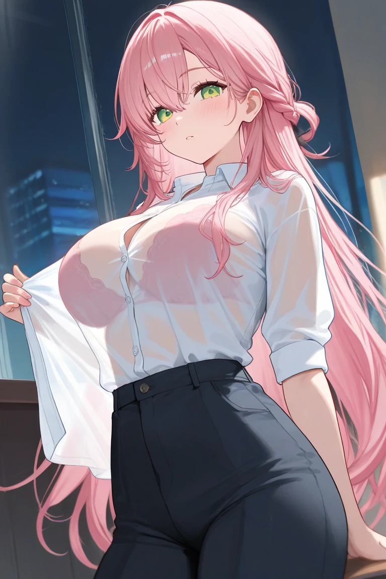 masterpiece, top quality, best quality, (sexual), 1girl, (upper body), (standing), Mitsuri, (shaded hair color), (long hair), seductive expression, sensual face, (love goddess), green eyes, (erotic),, cleavage, (demon slayer uniform), white jacket, (mini skirt), black skirt, (forest), (dark forest), (rain), (threatening), huge boobs, close up ass, 8k