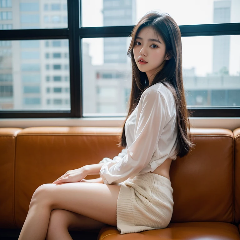 Ekaterina Mizhina sitting on the floor in a white shirt and short black skirt, middlebreasts, mamilos aparecendo sob a camisa, coxas a mostra, meias brancas curtas, sapatos de salto alto, ambiente de luz suave, modelo bem iluminada, pernas bonitas, pernas nuas, ekaterina mozhina mostrando as pernas