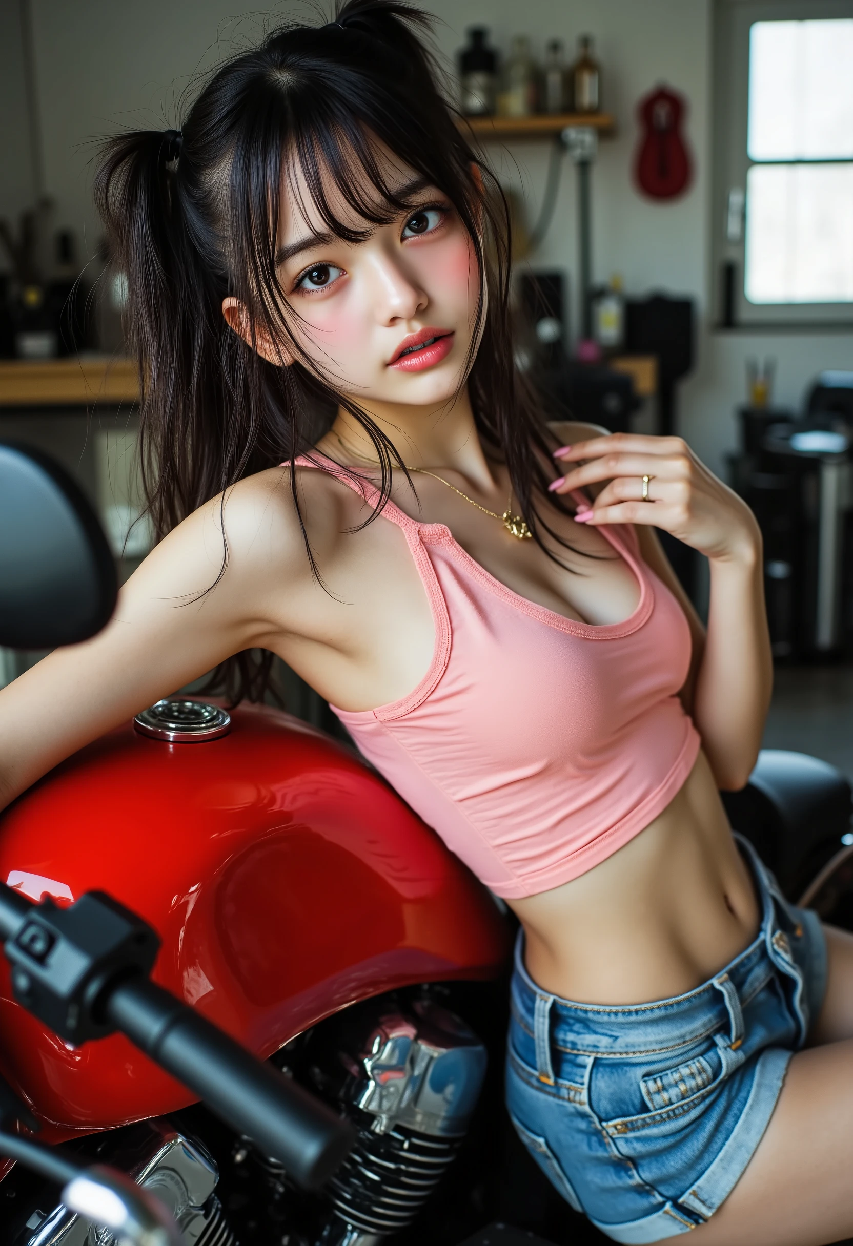 (((解剖学的にaccurate人体構造:1.5))), ((身体のaccurate形)), (Canon), (EOS R5), (50mm), ( No Lens Flare :1.5), (超high resolution), (masterpiece), accurate, (realisticな質感の肌), ((top quality:1.5)), ((masterpiece:1.5)), ((realistic)), (high resolution), Super Detailed, Highly detailed, winning work, 32K, depth of field, digital camera, bright cinematic lighting, Bright professional lighting ,((SFW:1.5)), (((wear a pink tank top、wearing blue jeans shorts:2.0))), (beautiful pink nails with a beautiful length), (( taken from an angle side :1.8)), (( upper body shot from head to knee :1.8)), (full body shot with mahiru:1.4), ((綺麗で整備されたガレージにある大型バイクの赤色のハーレーダビッドソンv-rodの上に丈が短いwear a pink tank top、shooting a young and cute Japanese woman lying in blue jeans shorts)), ((Beautiful and cute, 20-year-old Japanese college girl)), ((a very cute college girl with a childish feeling)), ((Soft lighting creates a romantic and intimate atmosphere)), (((beautiful and fluffy medium black hair:1.8))), (((Short pink tank top))), (((wearing a pink short tank top to show off her sweaty cleavage))), ((wearing a red leather jacket)), (((white sneakers:1.5))), (Realistic gold necklace), 1 very beautiful and cute Japanese woman, very sexy, charming beauty, seductive poses on the surface of the ground, height 160cm, slim figure, Beautifully shaped big bust, E cup, ( very cute smile:1.5), (solos:1.5), (brown eyes:1.9), (Highly realistic detailed depiction of skin), (Highly detailed, realistic eyes:1.9), (Very beautiful long, realistic eyelashes), (Highly detailed, realistic eyebrows), (丸いbrown eyes :1.8), (Beautiful catchlights in the eyes), (Realistic lips with moisture ), (White realistic teeth lined up nicely), (Sexy, cute, and detailed face:1.6), (hourglass figure:1.6), (Wasp waist :1.5), (Perfectly round and beautifully shaped breasts:1.8), ( clearly contoured cheekbones :1.5), (perfectly shaped body :1.8), (Healthy body :1.8), (Narrow shoulders:1.9), (staring at viewers), (Fascinating Gaze), (Beautiful, natural-looking hands), (beautiful pink nails with a beautiful length), ( very cute smile:1.1), (Waist, stomach visible:1.4), (Realistic, natural visible belly button:1.4), ((A large black black one from a cool Harley Davidson V-rod A cute, fair-skinned woman lying on her back on a motorcycle:1.5)), ((I'm putting my head on the back of the bike)), ((lying on her back on a motorcycle seat and spreading both legs and putting them on the steering wheel)), (Her whole body is facing the camera), arms raised up、((My cleavage is pretty sweaty)), ((I can see my sweaty underarms)), (( armpit is clean and smooth)), ((I'm spreading my legs a lot)), (Realistic and beautifully shaped bust), 彼女の表情はvery sexyで魅力的, Photograph of a young and cute Japanese woman lying in black leather pants, ( show your hands as little as possible ), accurate手の形,accurate手の指の形,accurate手の指の数,5 fingers on one hand , accurate脚の形,accurate足の指の形, accurate足の指の数, Five fingers on one foot, (Color temperature 5000K)