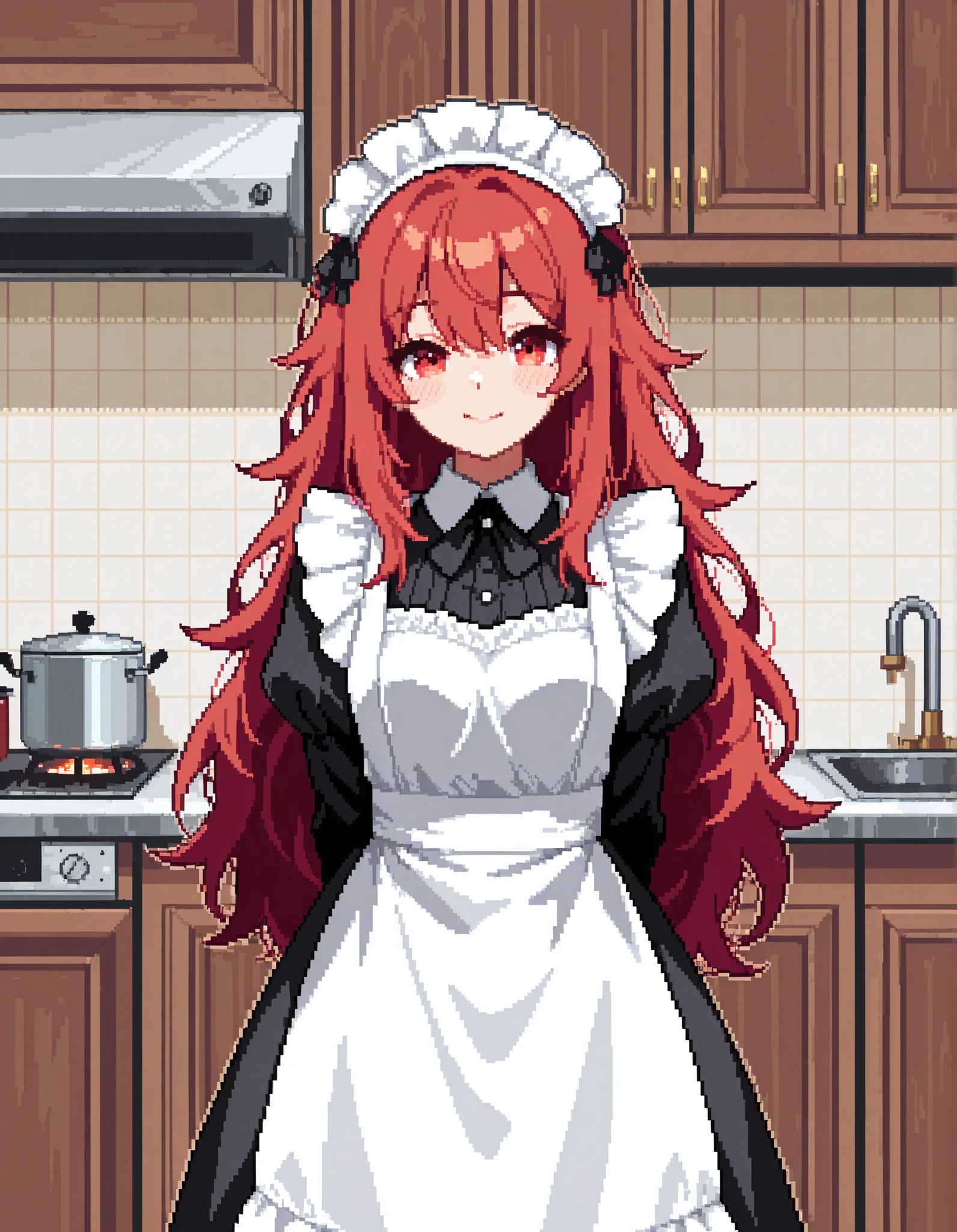 masterpiece, best quality, high resolution, absurdres, 1girl, Pixel_Art, maid, maid_headdress, black_dress, red_hair, red_eyes, very_long_hair, messy_hair, arms_behind_back, happy, kitchen, indoors