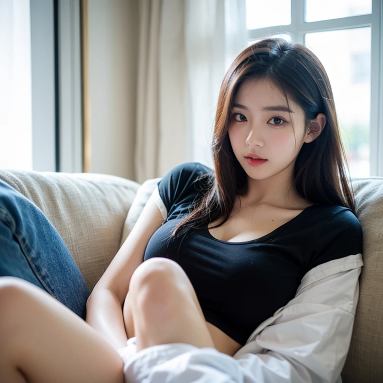 individual,young girl,23 years old, ((winter clothes)),fine hair, Detailed faces, full的身材,long hair,full, Short hair details, sit down,purple, sweat shorts, Camisoles,Look up, There is a beauty mole