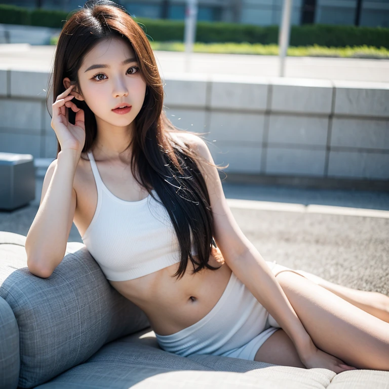 ((realistic lighting, highest quality, 8K, masterpiece: 1.3)), clear focus: 1.2, 1 girl, perfect beauty: 1.4, big breasts: 1.2, slim abs: 1.1, ((dark brown hair)), (white crop top: 1.4), (outdoor, night: 1.1), cityscape, super fine face, fine eyes, double eyelid,No bra、Pussy muscle、full body portrait