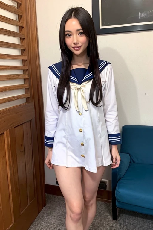 ((highest quality、8k、masterpiece:1.3)),((((cowboy shot)))),Ultra-high resolution,big eyes,Japanese,bangs,(a girl),(1 girl),((20 years old)),grin,((facing at viewer)),(long hair),(((black sailor uniform))),((sitting on chair)),(pleated mini skirt),(((white floral panty))),((skirt lift)),((short crew socks))