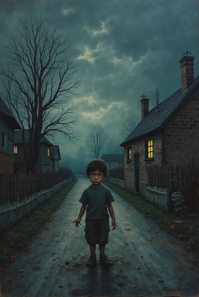 The boy hears a rustling sound behind him and turns around, his face filled with fear as he sees a shadowy figure in the fog.