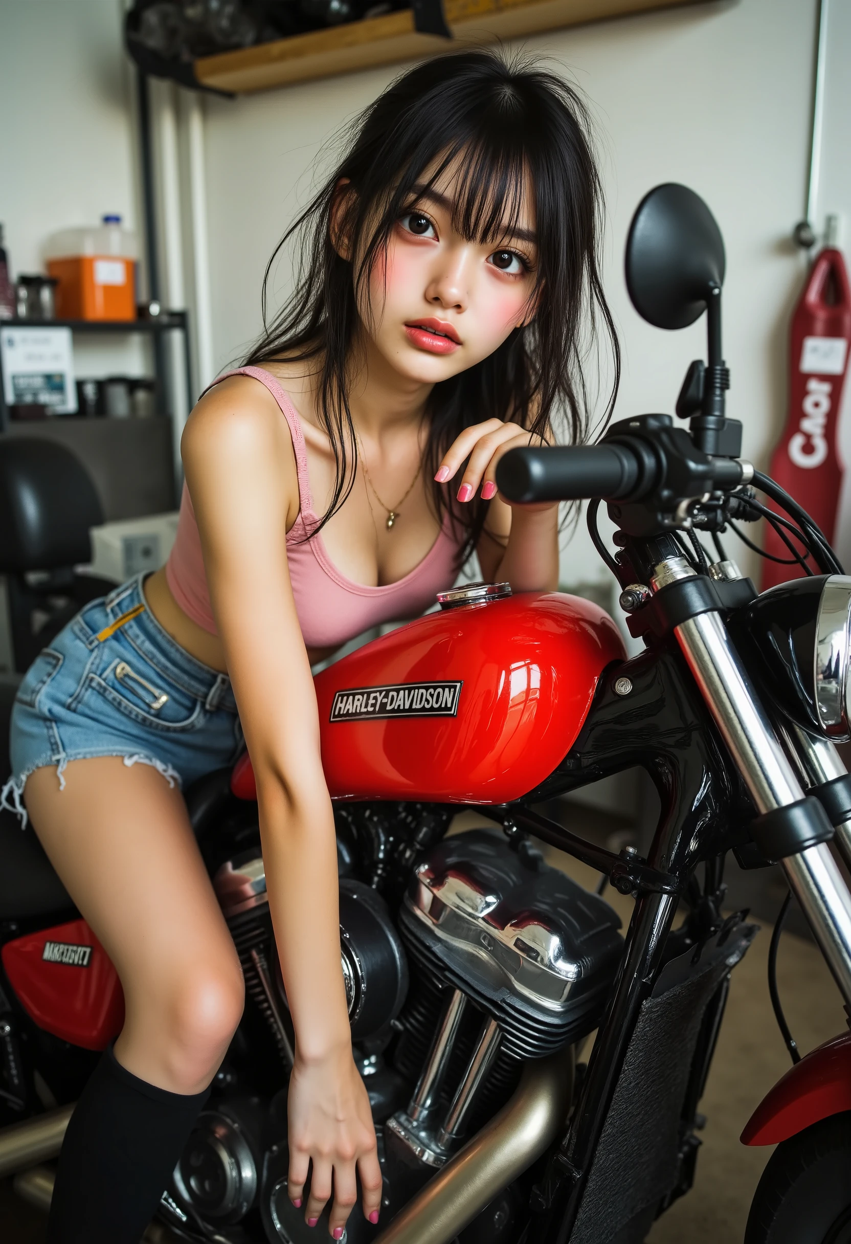 (((解剖学的にaccurate人体構造:1.5))), ((身体のaccurate形)), (Canon), (EOS R5), (50mm), ( No Lens Flare :1.5), (超high resolution), (masterpiece), accurate, (realisticな質感の肌), ((top quality:1.5)), ((masterpiece:1.5)), ((realistic)), (high resolution), Super Detailed, Highly detailed, winning work, 32K, depth of field, digital camera, bright cinematic lighting, Bright professional lighting ,((SFW:1.5)), (((wear a pink tank top、wearing blue jeans shorts:2.0))), (beautiful pink nails with a beautiful length), (( taken from an angle side :1.8)), (( upper body shot from head to knee :1.8)), (full body shot with mahiru:1.4), ((綺麗で整備されたガレージにある大型バイクの赤色のハーレーダビッドソンv-rodの上に丈が短いwear a pink tank top、shooting a young and cute Japanese woman lying in blue jeans shorts)), ((Beautiful and cute, 20-year-old Japanese college girl)), ((a very cute college girl with a childish feeling)), ((Soft lighting creates a romantic and intimate atmosphere)), (((beautiful and fluffy medium black hair:1.8))), (((Short pink tank top))), (((wearing a pink short tank top to show off her sweaty cleavage))), ((wearing a red leather jacket)), (((white sneakers:1.5))), (Realistic gold necklace), 1 very beautiful and cute Japanese woman, very sexy, charming beauty, seductive poses on the surface of the ground, height 160cm, slim figure, Beautifully shaped big bust, E cup, ( very cute smile:1.5), (solos:1.5), (brown eyes:1.9), (Highly realistic detailed depiction of skin), (Highly detailed, realistic eyes:1.9), (Very beautiful long, realistic eyelashes), (Highly detailed, realistic eyebrows), (丸いbrown eyes :1.8), (Beautiful catchlights in the eyes), (Realistic lips with moisture ), (White realistic teeth lined up nicely), (Sexy, cute, and detailed face:1.6), (hourglass figure:1.6), (Wasp waist :1.5), (Perfectly round and beautifully shaped breasts:1.8), ( clearly contoured cheekbones :1.5), (perfectly shaped body :1.8), (Healthy body :1.8), (Narrow shoulders:1.9), (staring at viewers), (Fascinating Gaze), (Beautiful, natural-looking hands), (beautiful pink nails with a beautiful length), ( very cute smile:1.1), (Waist, stomach visible:1.4), (Realistic, natural visible belly button:1.4), ((A large black black one from a cool Harley Davidson V-rod A cute, fair-skinned woman lying on her back on a motorcycle:1.5)), ((I'm putting my head on the back of the bike)), ((lying on her back on a motorcycle seat and spreading both legs and putting them on the steering wheel)), (Her whole body is facing the camera), arms raised up、((My cleavage is pretty sweaty)), ((I can see my sweaty underarms)), (( armpit is clean and smooth)), ((I'm spreading my legs a lot)), (Realistic and beautifully shaped bust), 彼女の表情はvery sexyで魅力的, Photograph of a young and cute Japanese woman lying in black leather pants, ( show your hands as little as possible ), accurate手の形,accurate手の指の形,accurate手の指の数,5 fingers on one hand , accurate脚の形,accurate足の指の形, accurate足の指の数, Five fingers on one foot, (Color temperature 5000K)