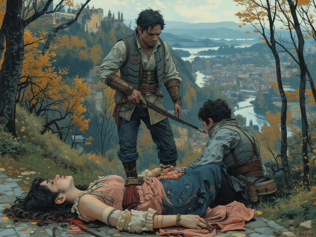 "high resolution, image of a dead elf lying on the ground of a battlefield. The elf has long, dark hair, tangled and dirty with blood and dirt. Your eyes are open, looking up at the sky with a blank and sad expression. Pale skin contrasts with his finely crafted armor., that is broken and covered in blood. A broken sword is embedded in his abdomen, the cause of his death evident. Around her, pieces of arrows, a fallen dagger, and bloodstains scattered. The ground is a mixture of dirt and grass, with battle marks all over. Ao fundo, shadows of destroyed trees and a dense fog that covers the battlefield."