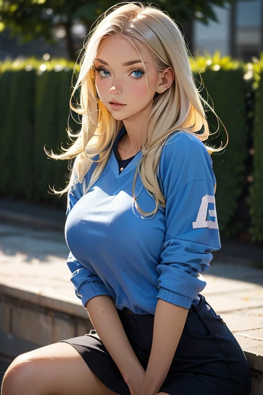 Alice Liddell, 28, wearing a blue mini skirt, blue top and a white apron. black diadem on the head. sensual blue eyes. blond hair. big breasts.