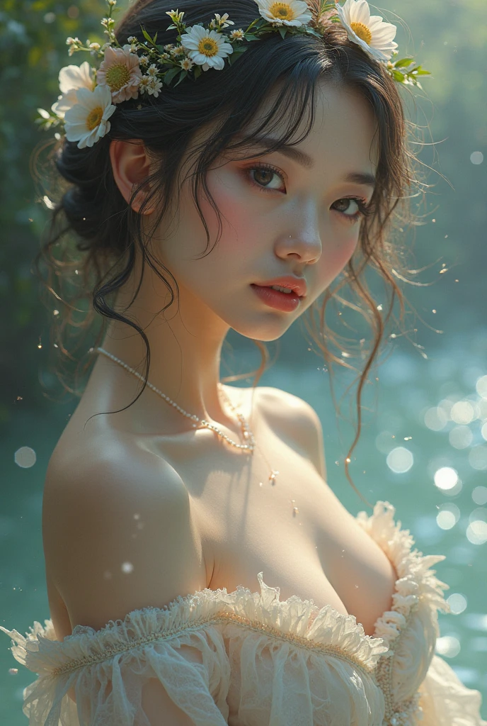 (((Full body image of a woman))),(Model shooting style), (shy), 1 person, Lonely, Shiny black hair、 Extremely rich facial detail, Beautiful Eyes, cute, Slightly red cheeks，bright, Lonely Eyes, Stunning beauty, (Rembrandt Lighting,Loop Lighting,Butterfly Lighting),Shift Lens, ARRI Lenses, Surreal, (Skin with attention to detail:1.2),8k,ARRI ALEXA 35,Promise, Dramatic Rim Light,Sparkle Effect, high quality,Very delicate and beautiful, wonderful, In detail, masterpiece, Very detailed, High resolution,Best Shot, ((Best Shadow)),Exquisite contrast,Complex,Sharp focus, high quality, 1 Japan woman, alone.cute,Fuka Koshiba,Yuki Sakurai,Magnificent waterfalls,(water droplets,rainbow）,Mist-like droplets,Wet,Lens flare,No sleeve,Frills,Beautiful breasts,Swallowtail butterfly,A butterfly flutters,Cool eyes,Glossy Lips,An ennui smile,Glowing Skin,Transparent skin,From above,((Open your arms)),Waistline,Beautiful nipples,((No shirt, Very good, Naked underneath, Bare chest, Barely covering her nipples)),((Wet, Her clothes are transparent, Her body and skin sweat)),((View from the rear, From above見た図, Bare back)),Bloom, Flowers are blooming everywhere,Front blur,Lens flare,Sparkling Eyes,Vivid Rouge