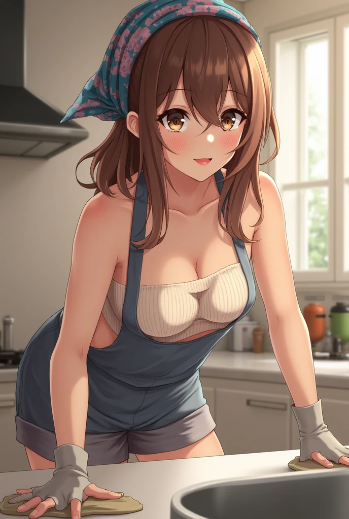 best quality, high resolution, 1girl, (huge breasts:1.2), naked apron, Beautiful face, (blush), in kitchen, smile, torino_kazami, brown hair, mature female, (from side:0.8)