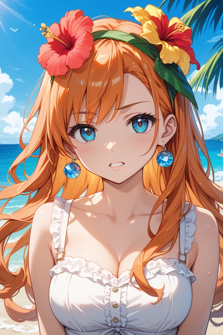 (masutepiece, Best Quality:1.2),Illustration,8K,hard disk,1girl in,Solo,upper body,Smile whole body,(Portrait:1.2),Large breasts,Orange hair,Long hair,Bow,grey eyes,Hair Ornament,Hair Ornament,Bikini swimwear,Wrapping a thin cloth below the navel,He is wearing a large straw hat.,My hair is moving to the left due to the wind,I'm holding down the straw hat with my right hand so it doesn't fly away.,sea side,sand beach,evening