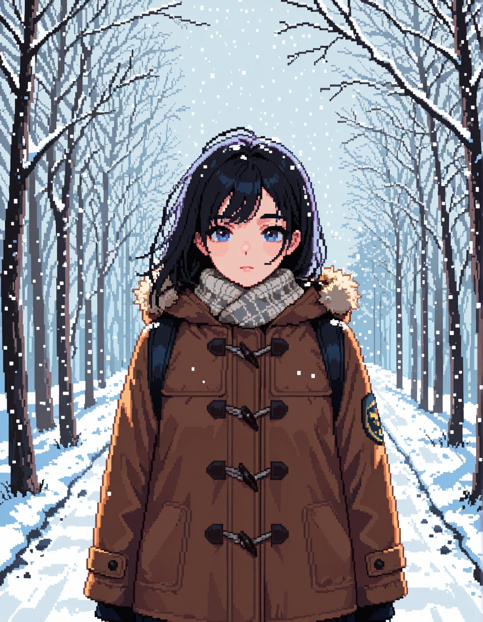 masterpiece, best quality, high resolution, absurdres, 1girl, Pixel_Art, winter, winter_clothes, outdoors, snowing, falling_snow