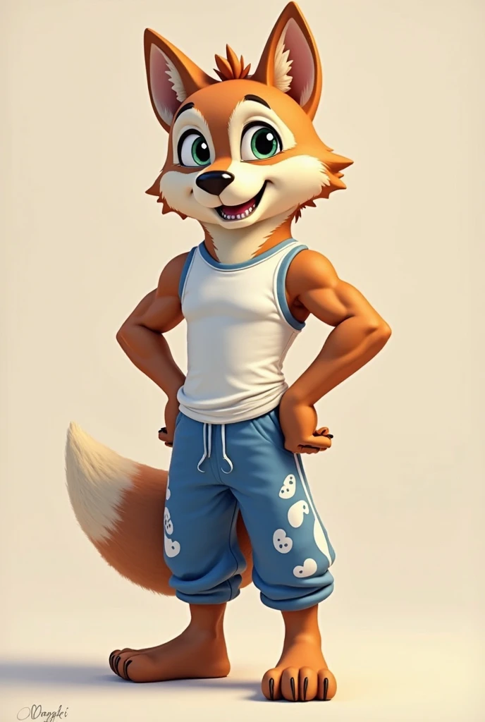 Jackson Wells the brown anthro male dog, white underwear, shirtless, headband, handband, socks, flip flops, tiny toons style, full body view